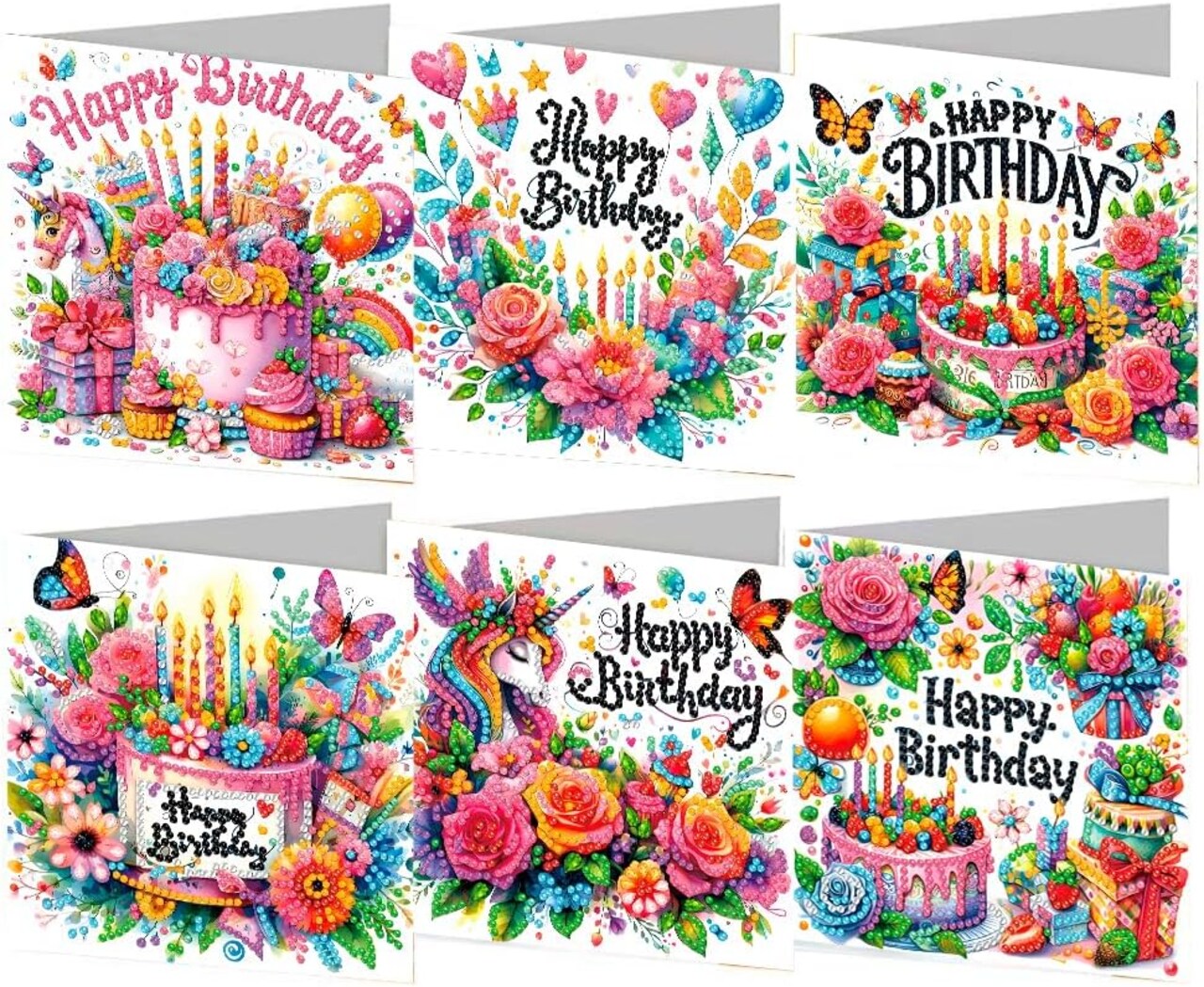 Diamond Art Happy Birthday Cards – 6-Pack 5D DIY Diamond Painting Greeting Card Kits with Envelopes for Adults & Kids, Perfect Birthday Gifts